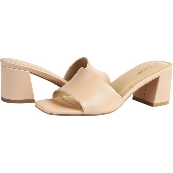 Women's Cream Low Chunky Block Square Open Toe Heeled Sandal Slip on Mules Shoes - Picture 4 of 5